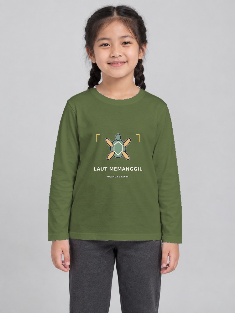 T-shirt Penyu Pulang Kanak-Kanak Perempuan Lengan Panjang — Olive