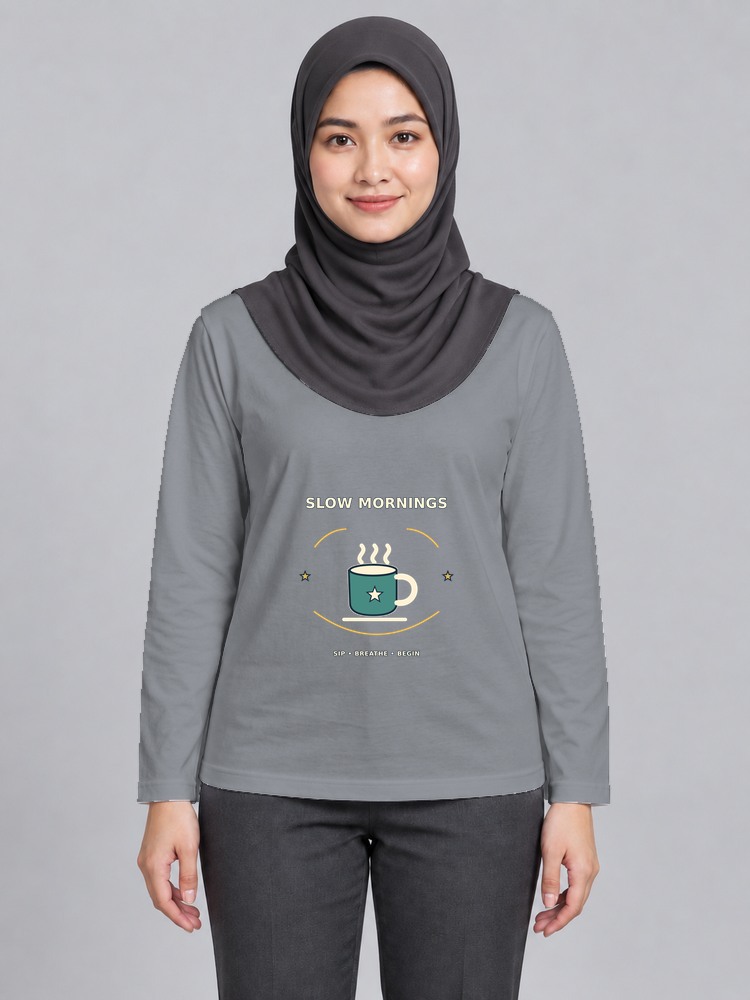 T-shirt Slow Morning Wanita Bertudung Lengan Panjang — Gray