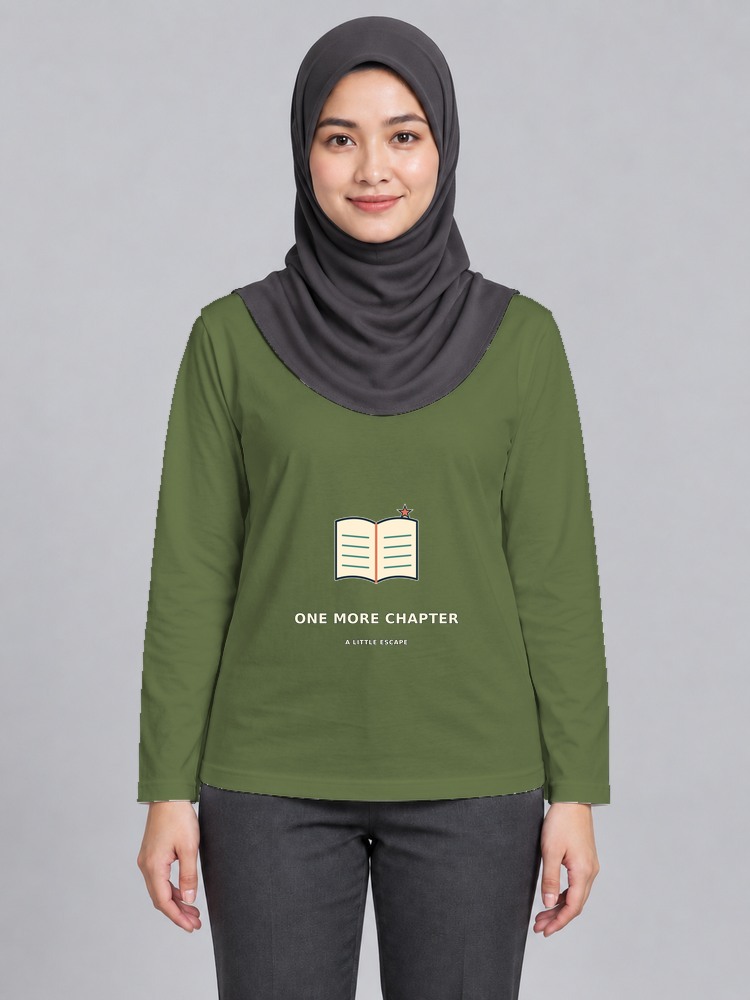 T-shirt Book Escape Wanita Bertudung Lengan Panjang — Olive