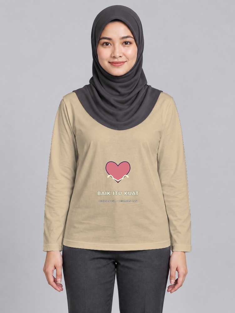 T-shirt Kind Heart Wanita Bertudung Lengan Panjang — Sand