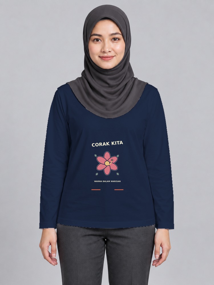 T-shirt Batik Mekar Wanita Bertudung Lengan Panjang — Navy