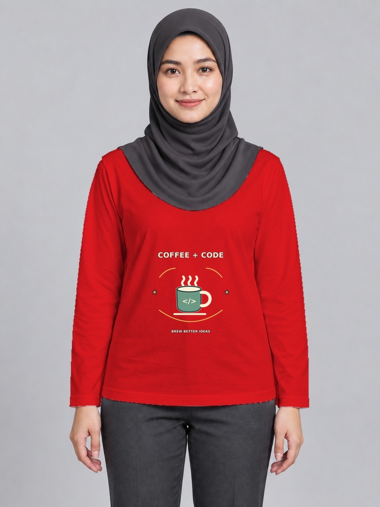 T-shirt Coffee And Code Wanita Bertudung Lengan Panjang — Red